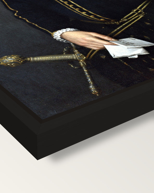 Left-Handed Gentleman by Moroni framed canvas, corner close-up: a black floating frame with a shadow gap round the canvas