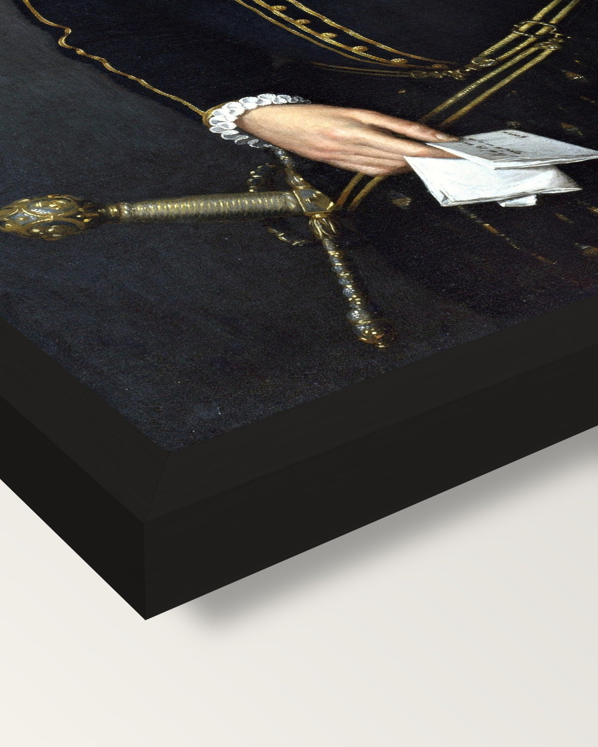Left-Handed Gentleman by Moroni framed print, corner close-up: black moulding, mitred, the print set just below its edge