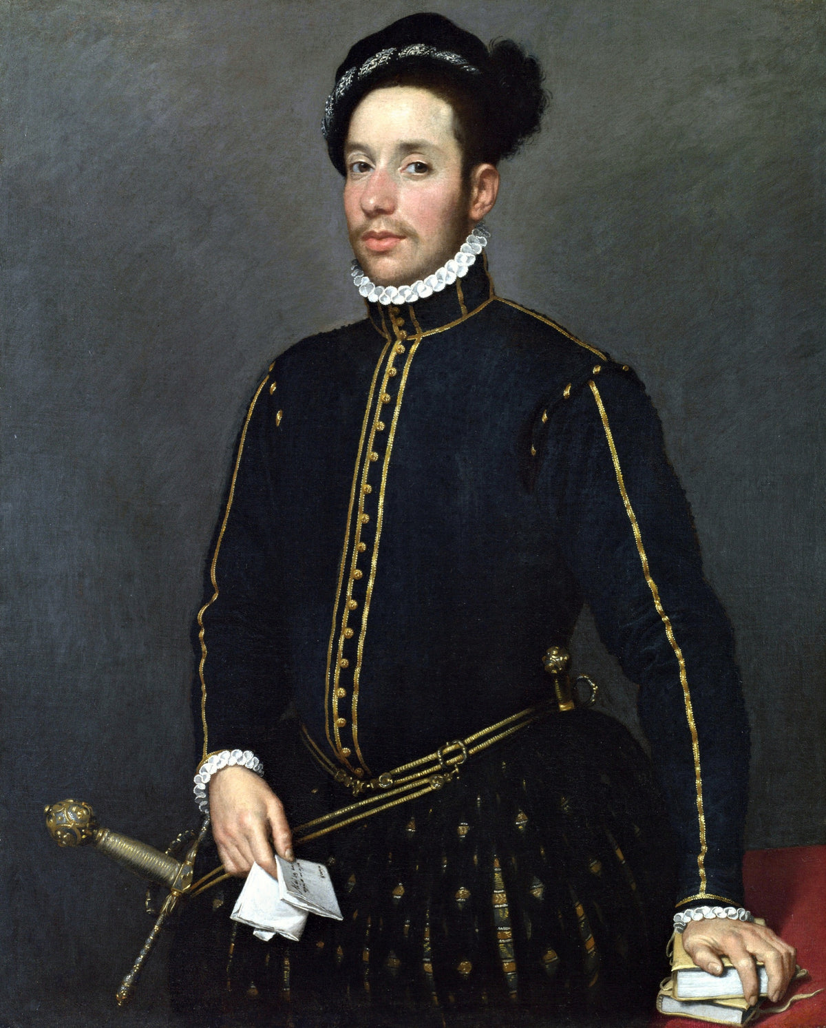 Portrait of a Left-Handed Gentleman by Moroni: a young man in black with gold braid, a sword hilt and a letter in hand