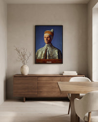 Doge Leonardo Loredan by Giovanni Bellini in a black frame above a walnut sideboard in a dining room