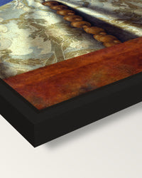 Doge Leonardo Loredan by Bellini framed canvas, corner close-up: a black floating frame with a shadow gap round the canvas