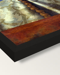 Doge Leonardo Loredan by Bellini framed print, corner close-up: black moulding, mitred, the print set just below its edge