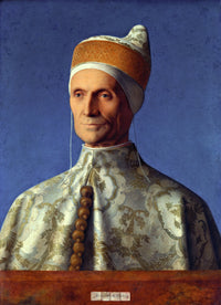 Doge Leonardo Loredan by Giovanni Bellini: an old man in a white and gold ducal cap and damask robe against a blue ground
