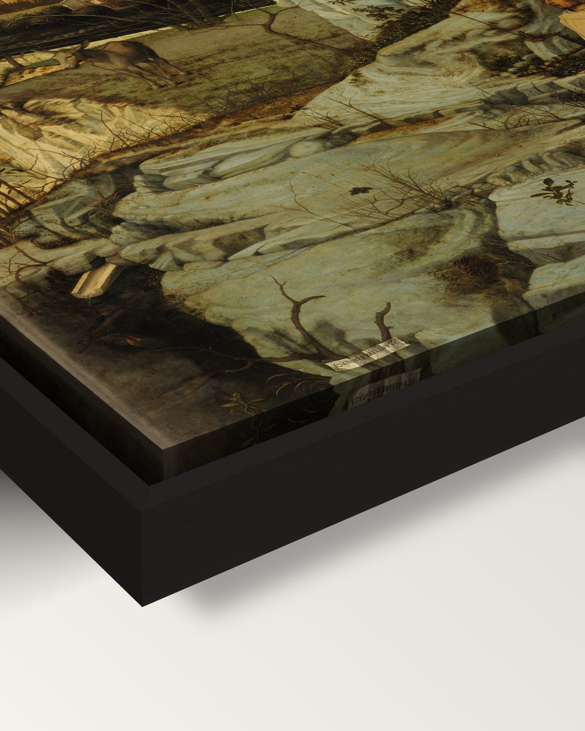 St Francis in the Desert by Bellini framed canvas, corner close-up: black floating frame, painted edge in the shadow gap