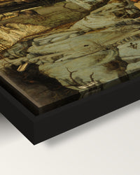 St Francis in the Desert by Bellini framed canvas, corner close-up: black floating frame, painted edge in the shadow gap