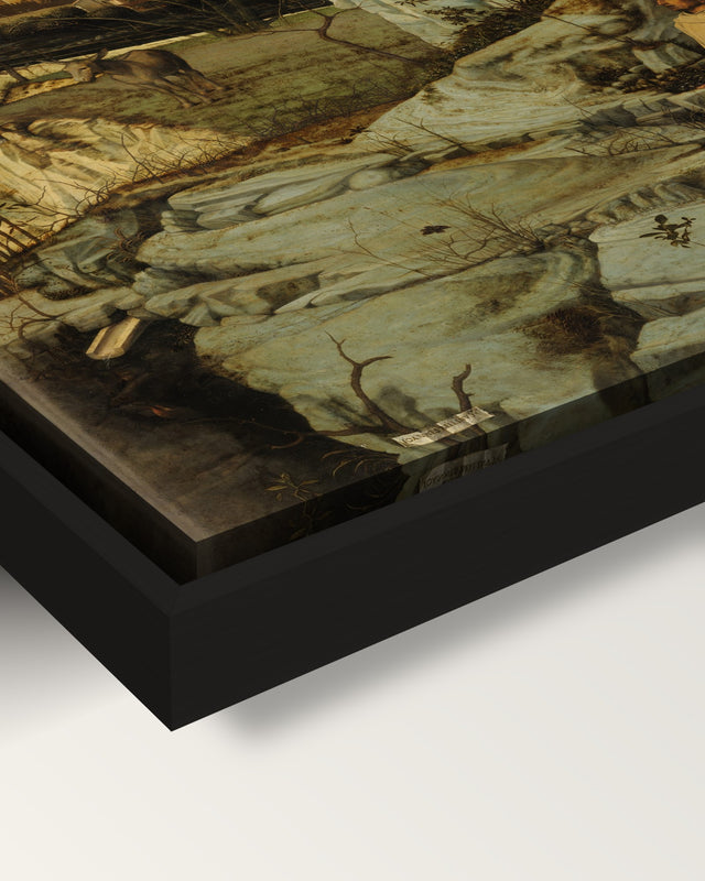 St Francis in the Desert by Bellini framed canvas, corner close-up: black floating frame, painted edge in the shadow gap
