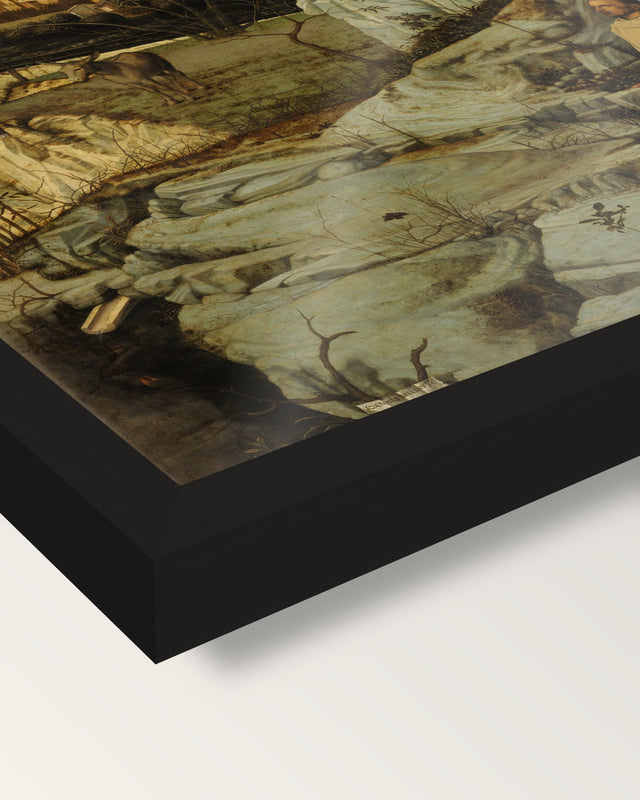 St Francis in the Desert by Giovanni Bellini framed print, corner close-up: black moulding, edge to edge, no mat