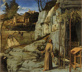 Saint Francis in the Desert by Giovanni Bellini: a barefoot monk with open arms before a rocky cave, a donkey and a hill town