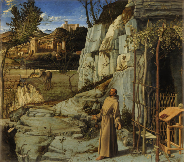 Saint Francis in the Desert by Giovanni Bellini: a barefoot monk with open arms before a rocky cave, a donkey and a hill town
