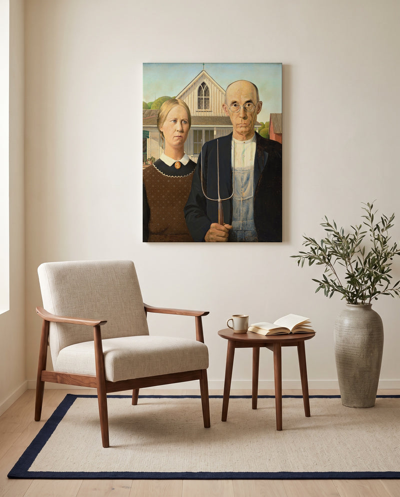 American Gothic by Grant Wood as a stretched canvas above a linen lounge chair in a reading corner