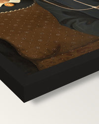 American Gothic by Grant Wood framed print, corner close-up: black moulding, mitred, the print set just below its edge