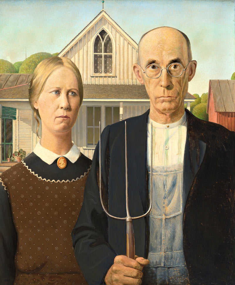 American Gothic by Grant Wood: a bald farmer holding a pitchfork beside his daughter, a white farmhouse with a Gothic window
