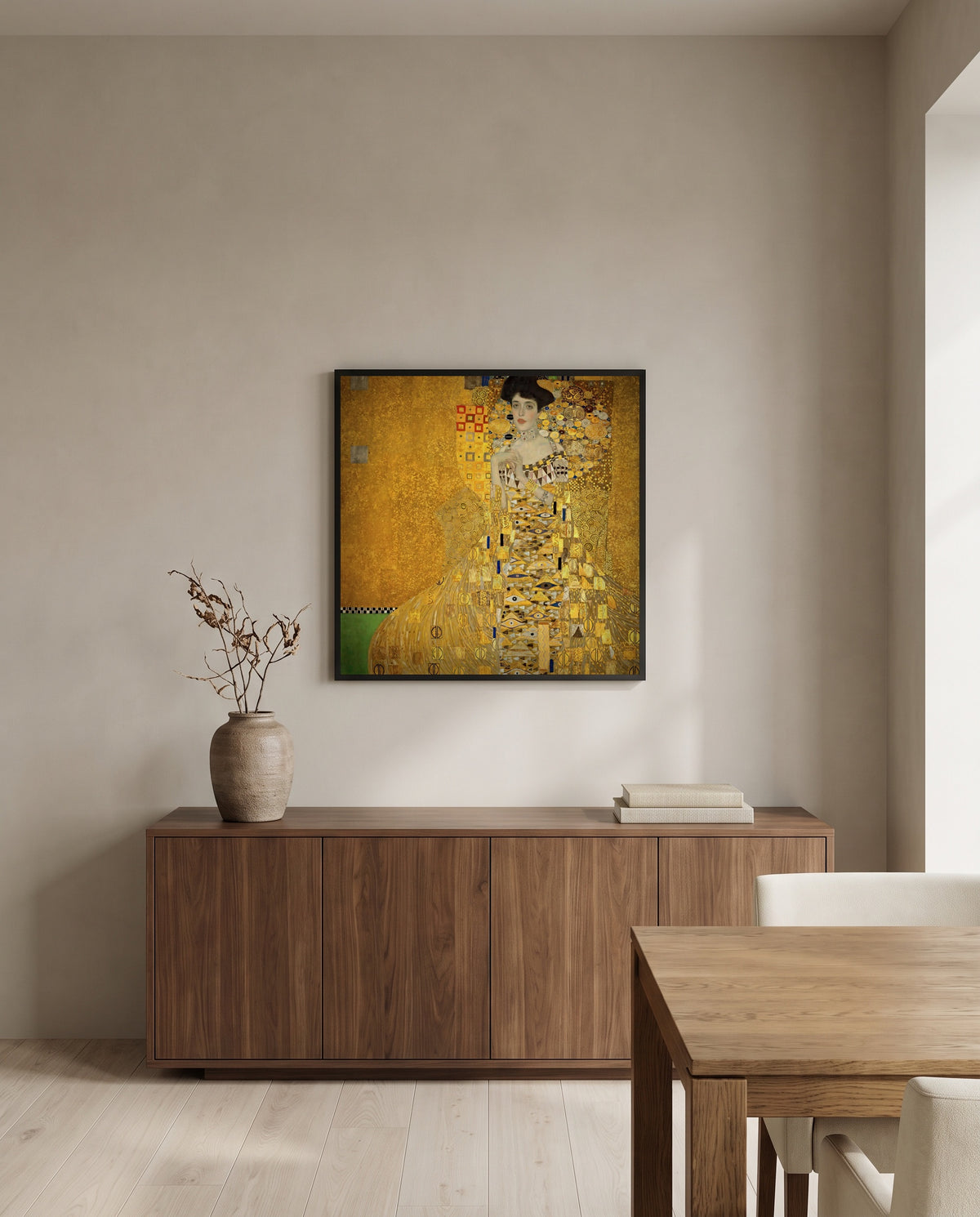 Adele Bloch-Bauer I by Gustav Klimt in a black frame above a walnut sideboard in a dining room