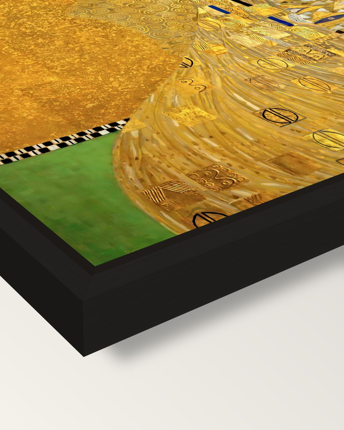 Adele Bloch-Bauer I by Gustav Klimt framed canvas, corner close-up: a black floating frame with a shadow gap round the canvas