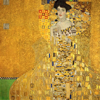 Portrait of Adele Bloch-Bauer I by Gustav Klimt: a dark-haired woman with clasped hands in a gown of gold patterns