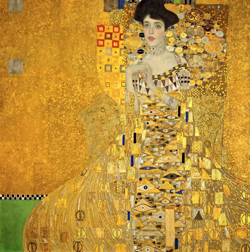 Portrait of Adele Bloch-Bauer I by Gustav Klimt: a dark-haired woman with clasped hands in a gown of gold patterns