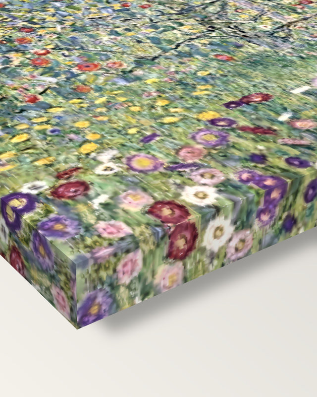 Apple Tree I by Gustav Klimt on stretched canvas, corner close-up: the painting mirror-wrapped round the sides