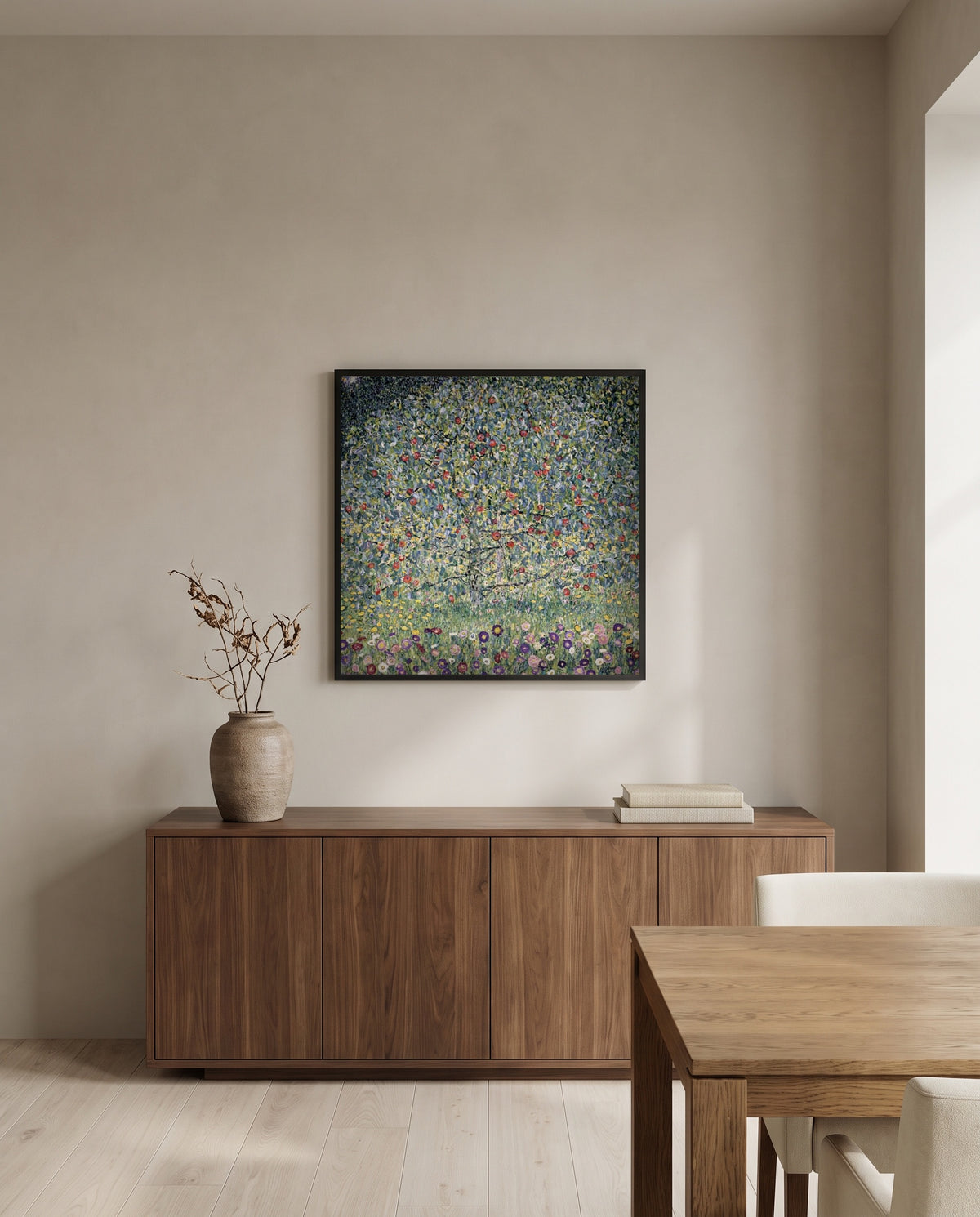 Apple Tree I by Gustav Klimt in a black frame above a walnut sideboard in a dining room