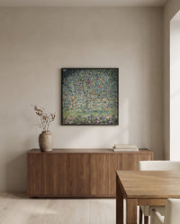 Apple Tree I by Gustav Klimt in a black frame above a walnut sideboard in a dining room