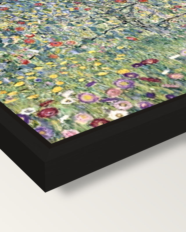 Apple Tree I by Gustav Klimt framed canvas, corner close-up: a black floating frame with a shadow gap round the canvas