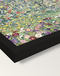 Apple Tree I by Gustav Klimt framed print, corner close-up: black moulding, mitred, the print set just below its edge