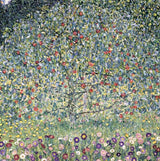 Apple Tree I by Gustav Klimt: a round green apple tree dotted with red fruit above a meadow of colourful flowers