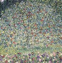 Apple Tree I by Gustav Klimt: a round green apple tree dotted with red fruit above a meadow of colourful flowers