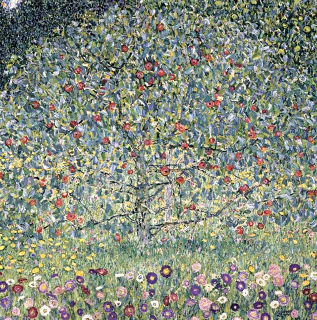 Apple Tree I by Gustav Klimt: a round green apple tree dotted with red fruit above a meadow of colourful flowers