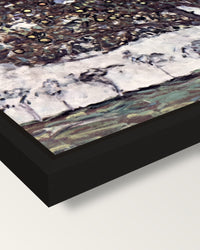 Apple Tree II by Gustav Klimt framed canvas, corner close-up: a black floating frame with a shadow gap round the canvas