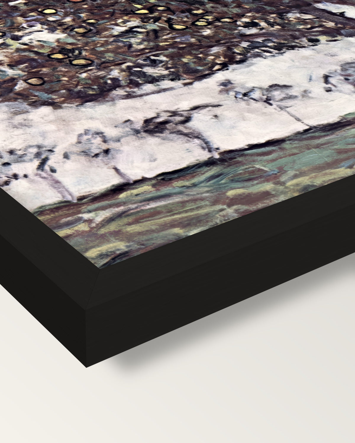 Apple Tree II by Gustav Klimt framed print, corner close-up: black moulding, mitred, the print set just below its edge