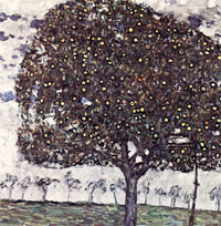 Apple Tree II by Gustav Klimt: a round dark apple tree dotted with fruit before a pale sky and a line of small trees