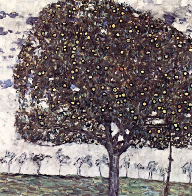 Apple Tree II by Gustav Klimt: a round dark apple tree dotted with fruit before a pale sky and a line of small trees