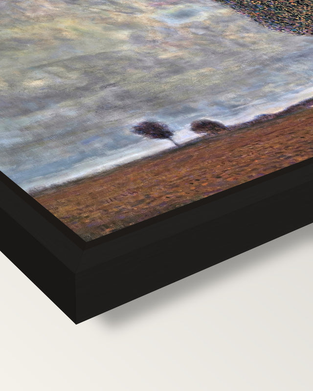Approaching Thunderstorm by Klimt framed canvas, corner close-up: a black floating frame with a shadow gap round the canvas