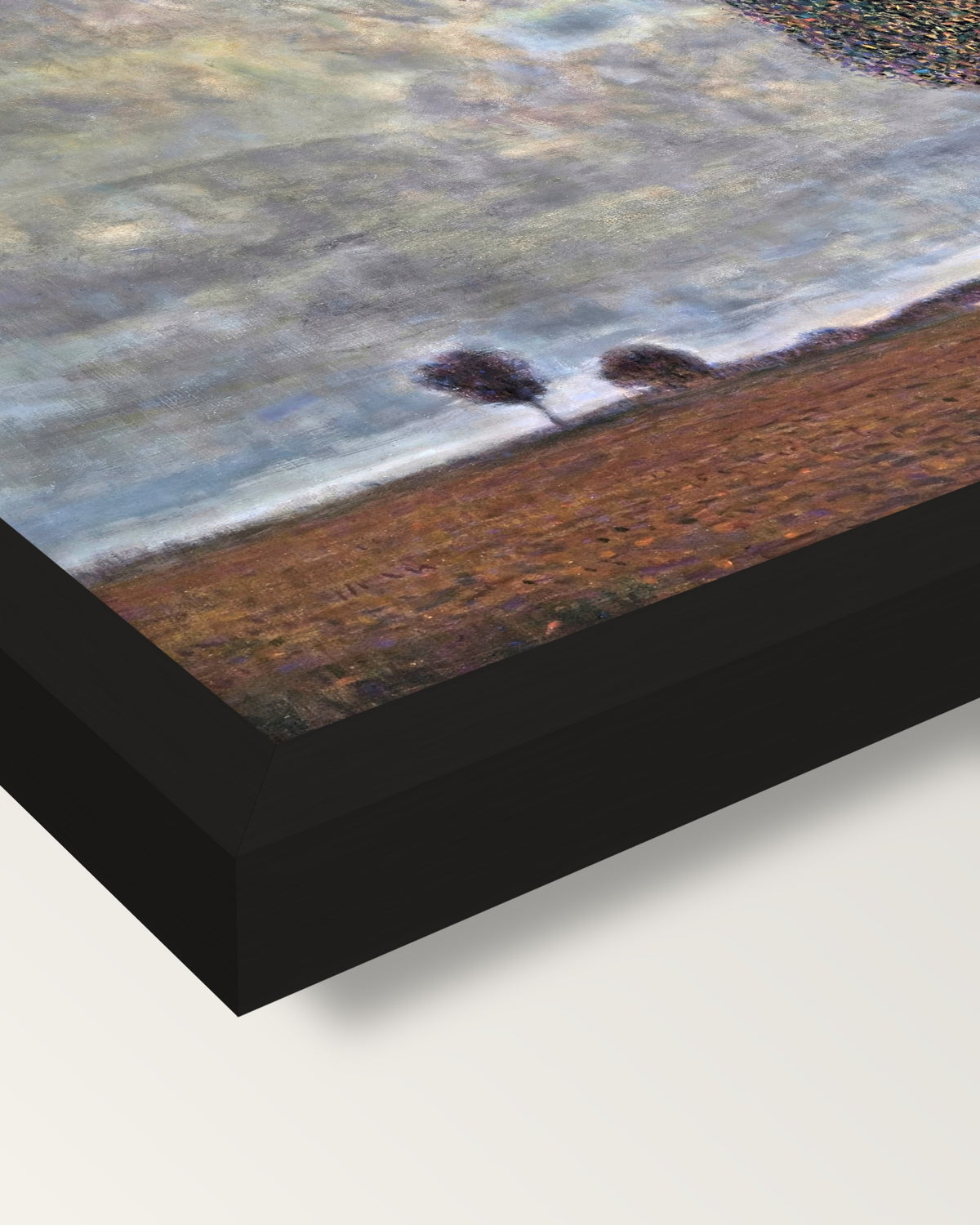 Approaching Thunderstorm by Klimt framed print, corner close-up: black moulding, mitred, the print set just below its edge