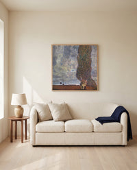 Approaching Thunderstorm by Gustav Klimt framed in natural oak above a cream sofa in a warm living room