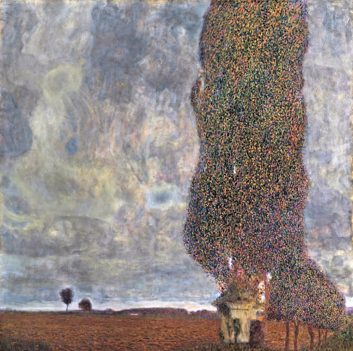 Approaching Thunderstorm by Gustav Klimt: a tall dark poplar beside a small chapel under heavy grey storm clouds