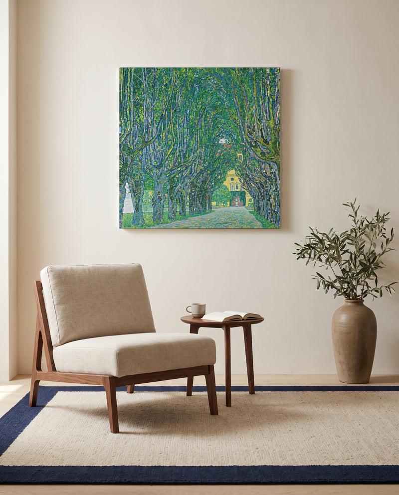 Avenue to Schloss Kammer by Gustav Klimt as a stretched canvas above a linen lounge chair in a reading corner
