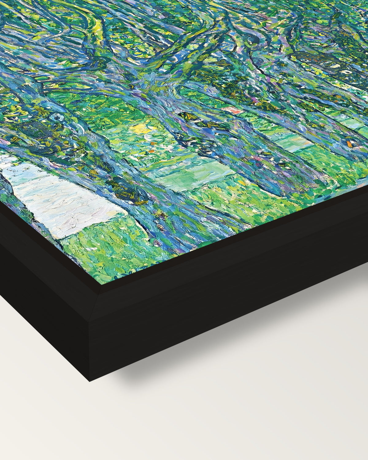Avenue to Schloss Kammer by Klimt framed canvas, corner close-up: a black floating frame with a shadow gap round the canvas