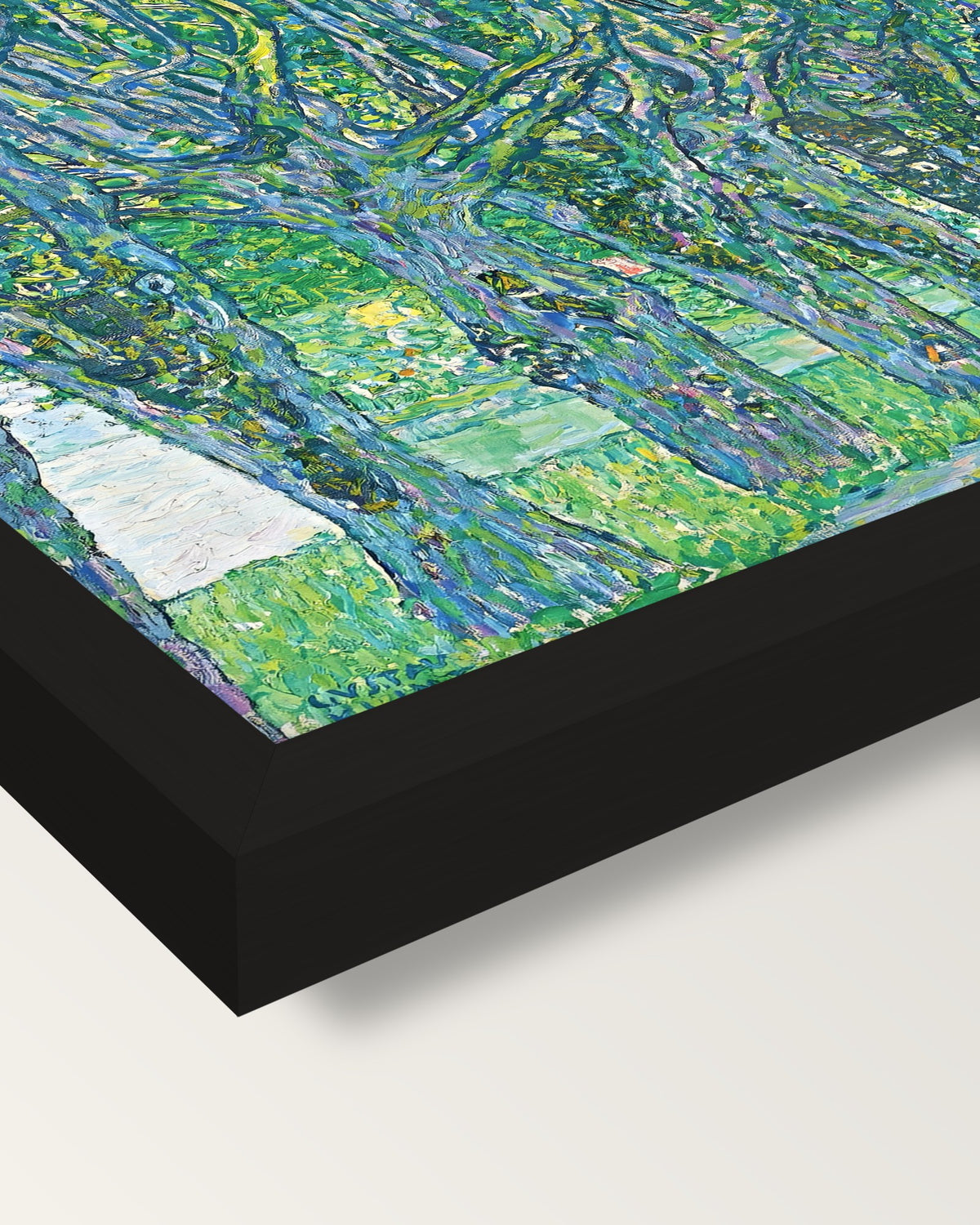 Avenue to Schloss Kammer by Klimt framed print, corner close-up: black moulding, mitred, the print set just below its edge