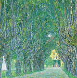 Avenue in Front of Schloss Kammer by Gustav Klimt: an avenue of twisting blue-green trees leading to a yellow building