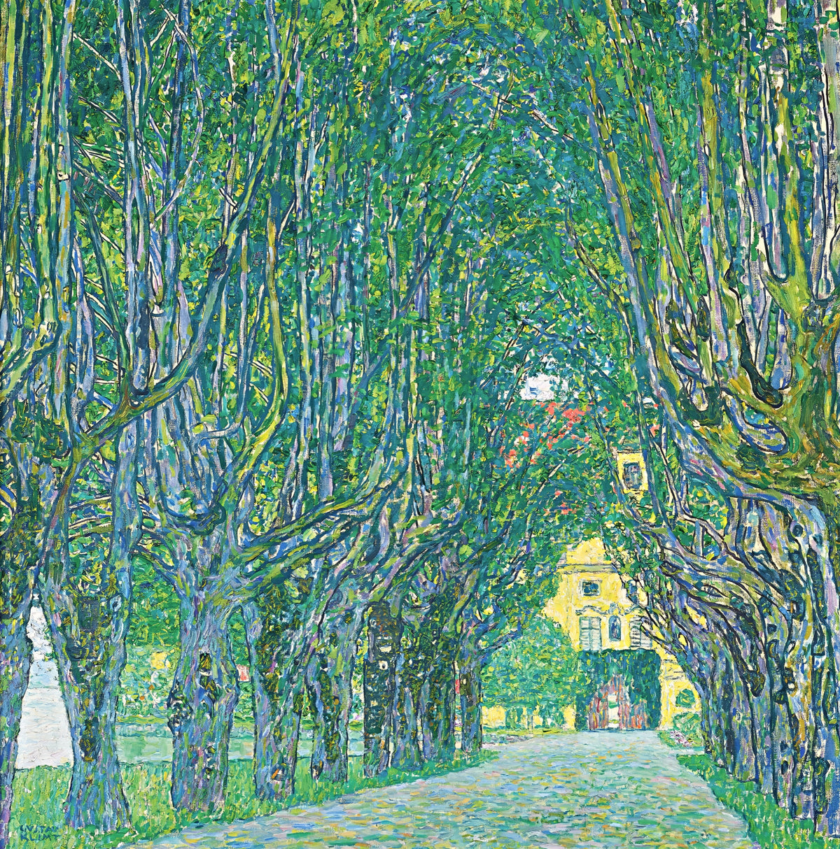 Avenue in Front of Schloss Kammer by Gustav Klimt: an avenue of twisting blue-green trees leading to a yellow building