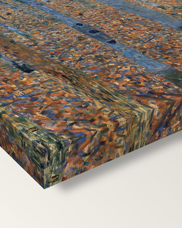 Beech Grove I by Gustav Klimt on stretched canvas, corner close-up: the painting mirror-wrapped round the sides