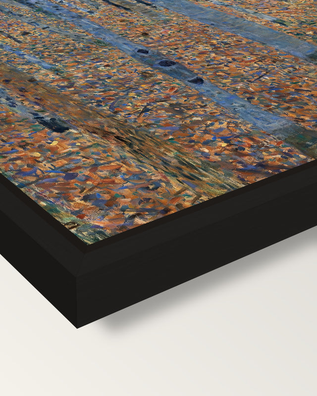 Beech Grove I by Gustav Klimt framed canvas, corner close-up: a black floating frame with a shadow gap round the canvas