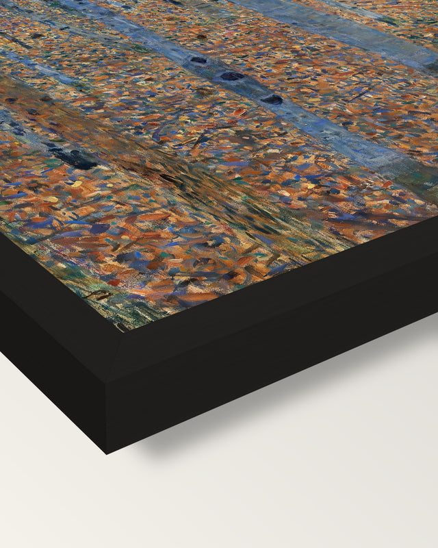Beech Grove I by Gustav Klimt framed print, corner close-up: black moulding, mitred, the print set just below its edge