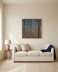 Beech Grove I by Gustav Klimt framed in natural oak above a cream sofa in a warm living room
