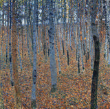 Beech Grove I by Gustav Klimt: straight grey beech trunks rising from a forest floor of copper-red leaves