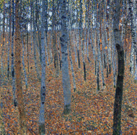 Beech Grove I by Gustav Klimt: straight grey beech trunks rising from a forest floor of copper-red leaves