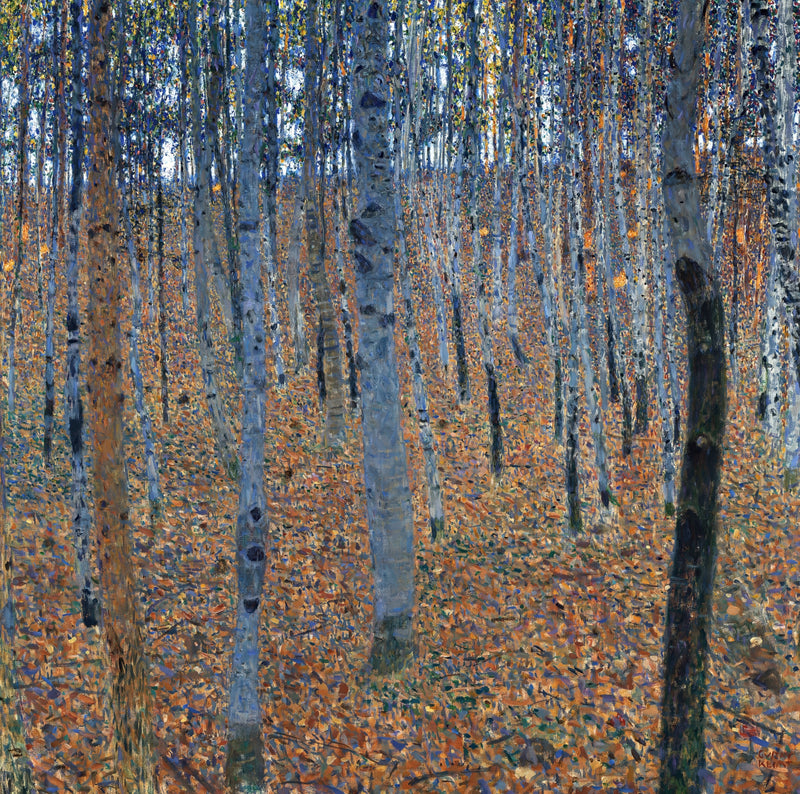 Beech Grove I by Gustav Klimt: straight grey beech trunks rising from a forest floor of copper-red leaves