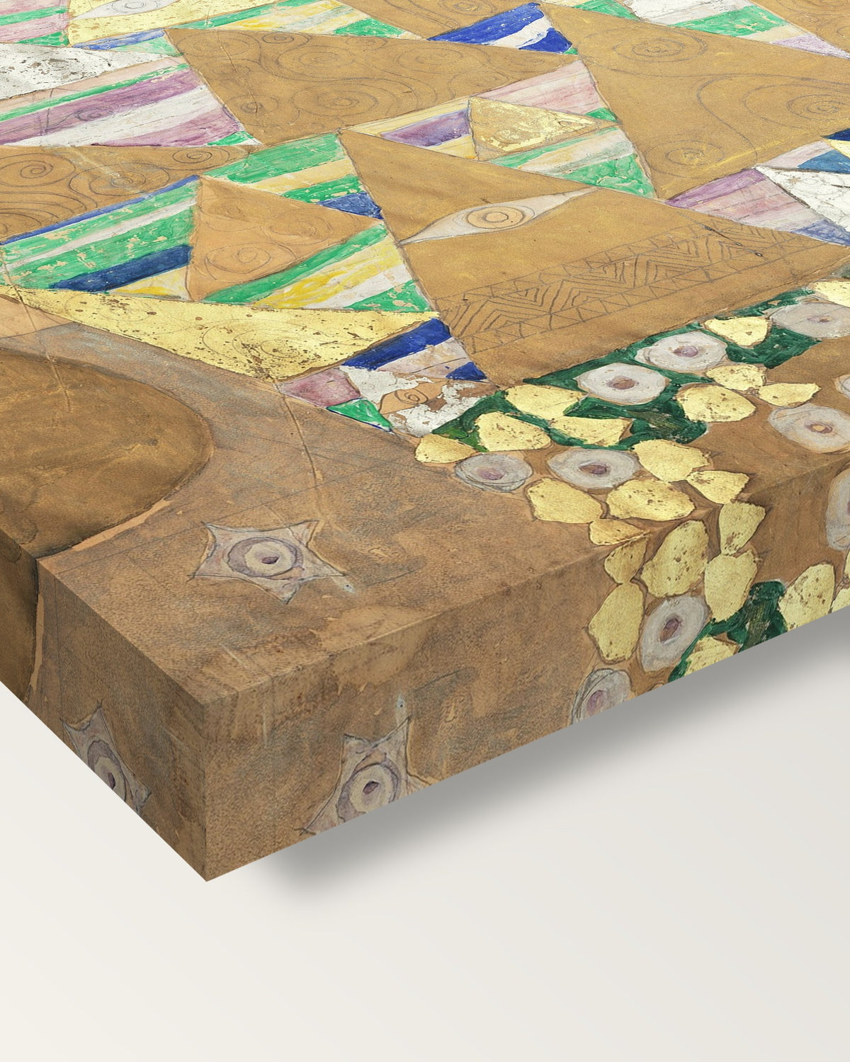 Expectation by Gustav Klimt on stretched canvas, corner close-up: the painting mirror-wrapped round the sides