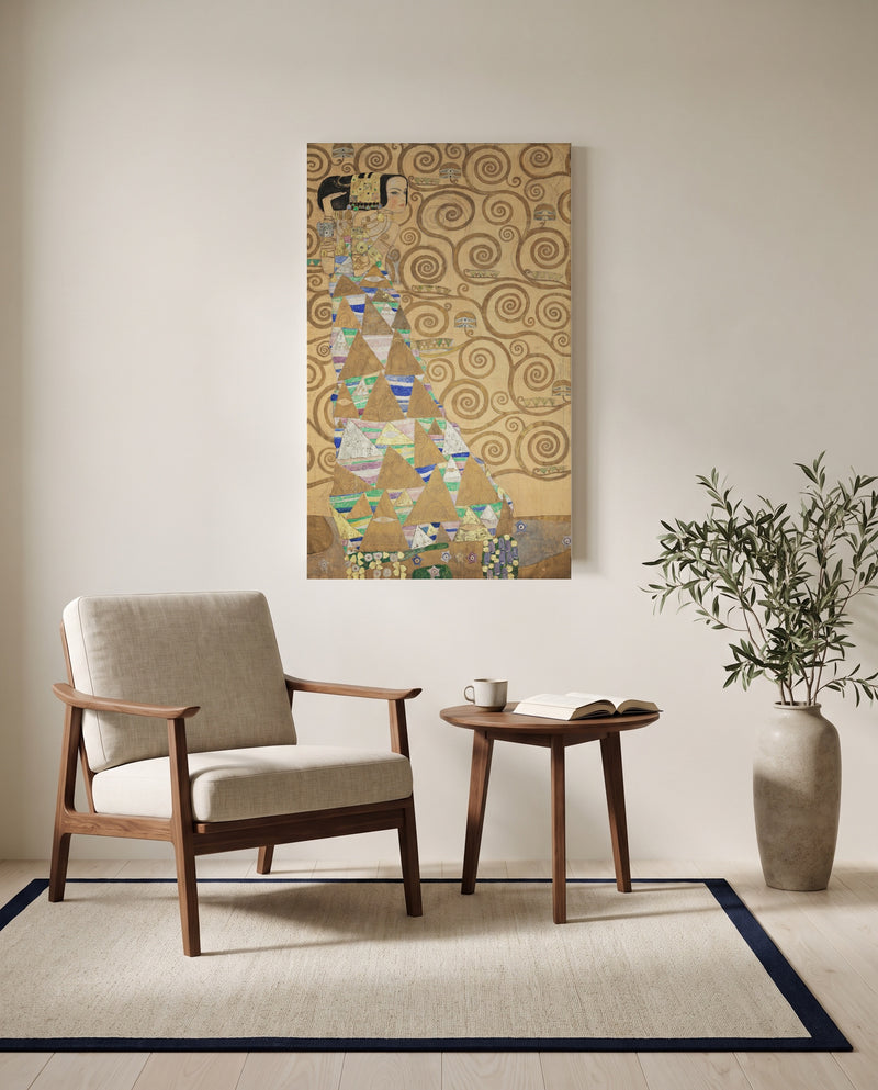 Expectation by Gustav Klimt as a stretched canvas above a linen lounge chair in a reading corner